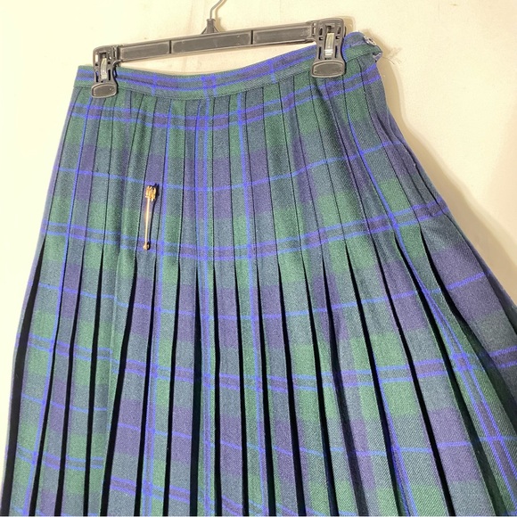 Vintage Bianca Green Blue Plaid Pleated Wool Midi Skirt M - Picture 7 of 14